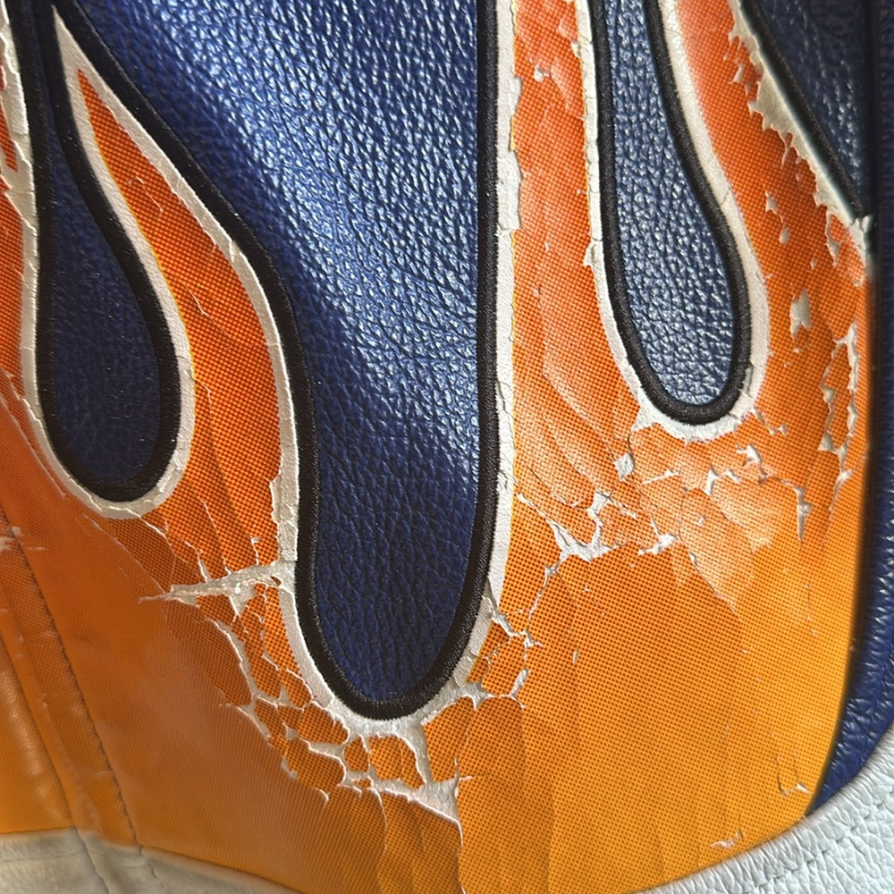 RARE ICON Flame Blue White Leather Patch Motorcycle Jacket with full padding - Picture 6 of 11
